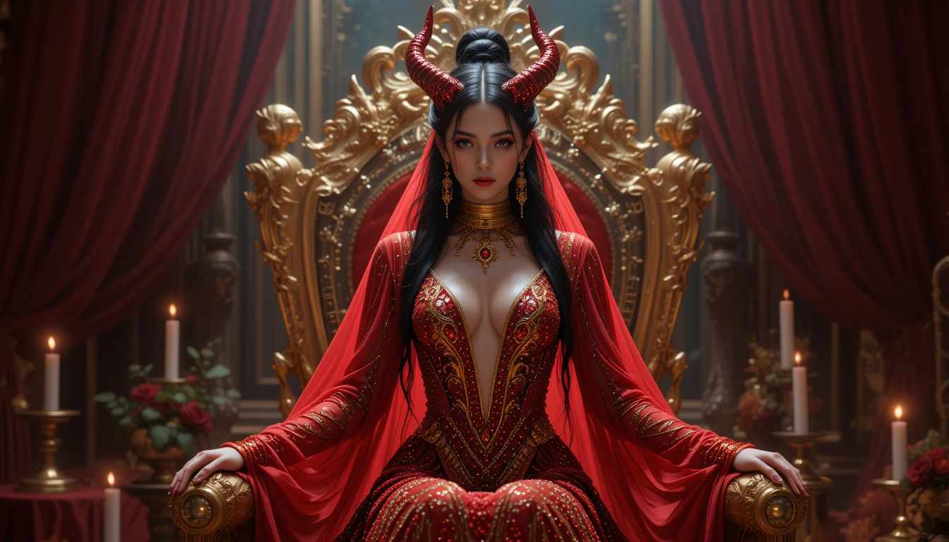 Lilith sentada en su trono dorado entre velas y rosas rojas