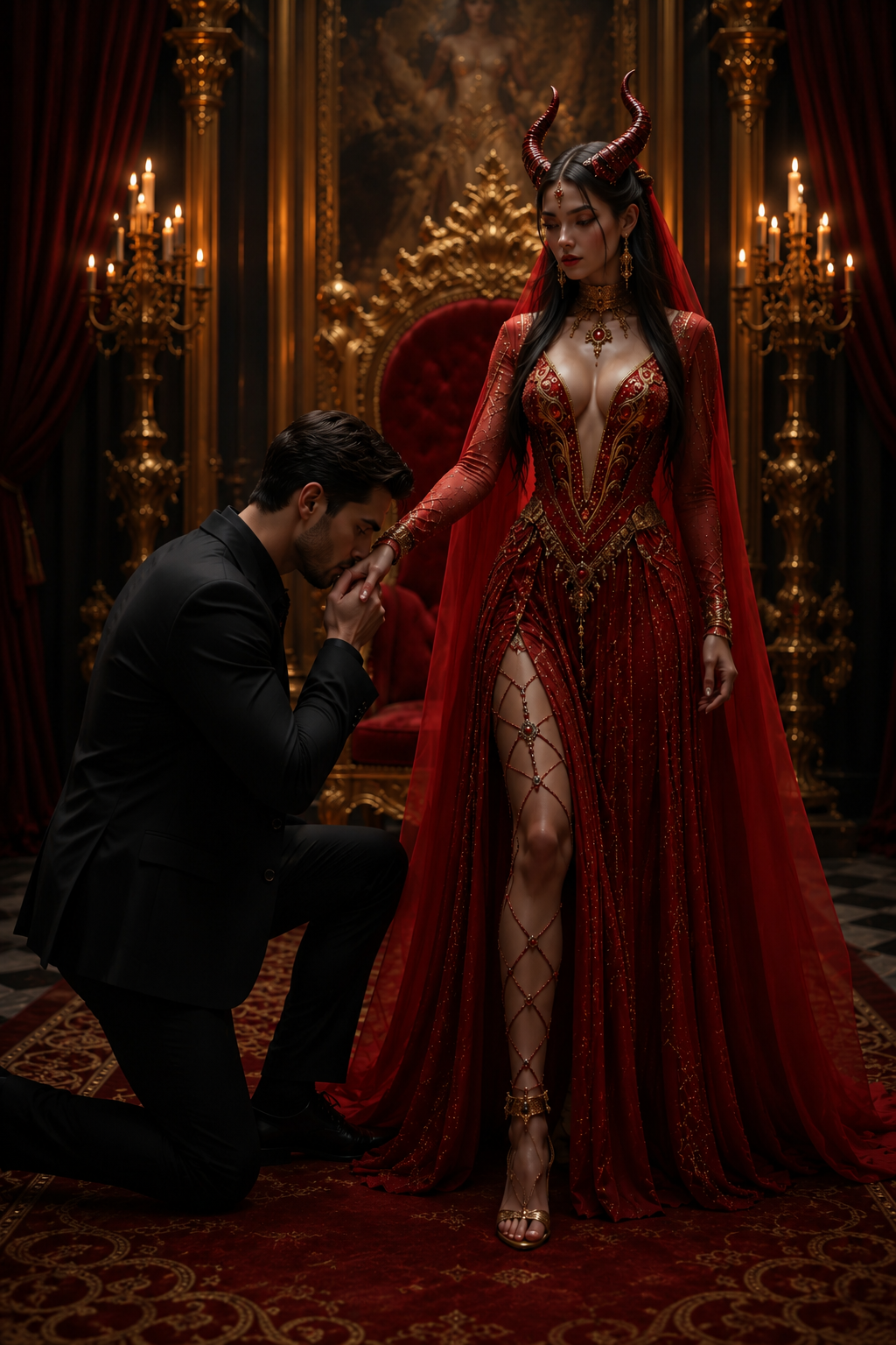 Un hombre de traje negro arrodillado besando la mano de Lilith frente al trono