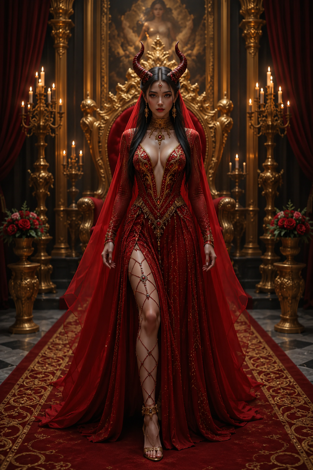 Lilith de pie ante su trono dorado, con velo rojo y candelabros encendidos